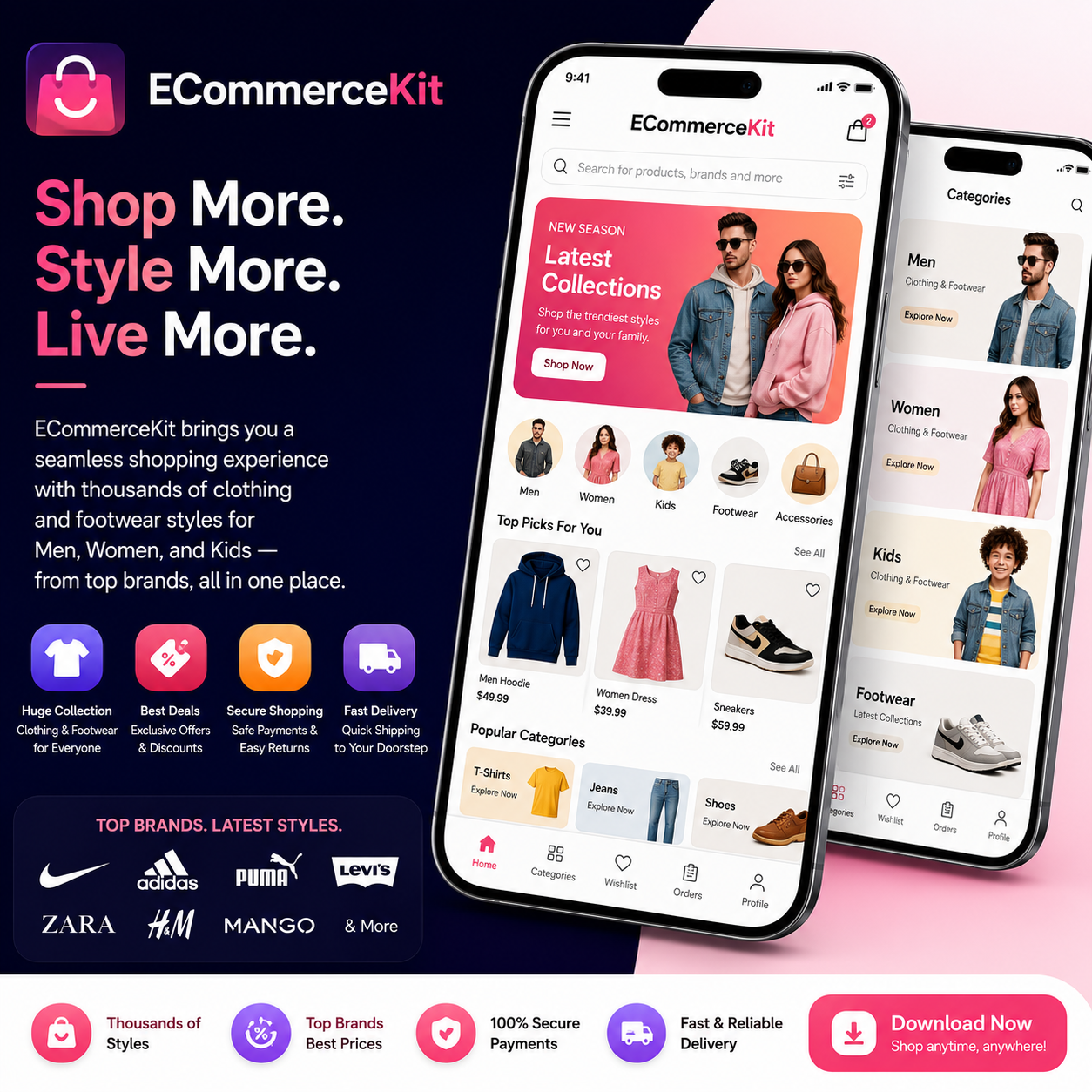 ECommerceKit/ applicaiton brings you a seamless shopping experience with thousands of clothing and footwear styles for Men, Women, and Kids